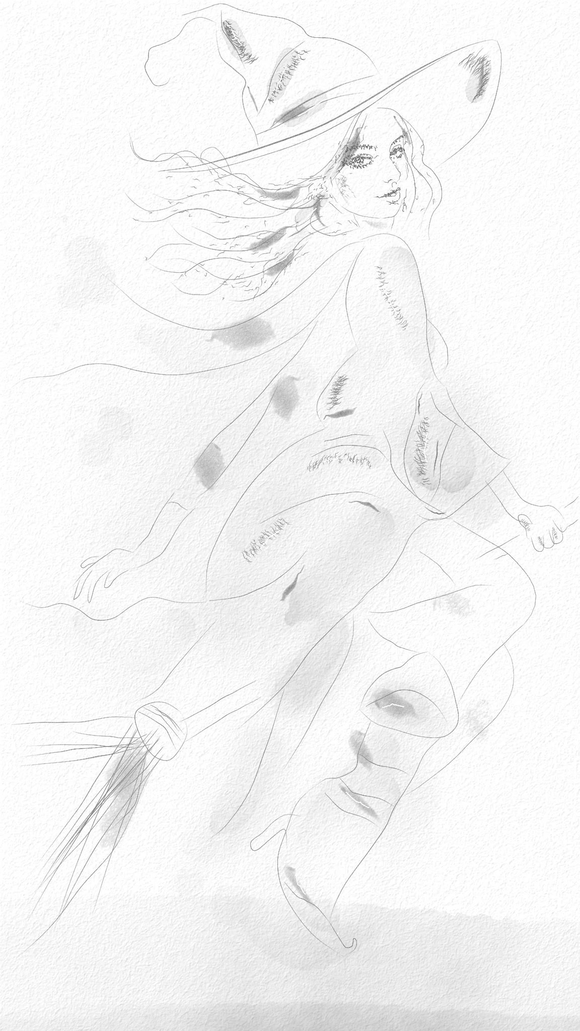 Halloween Witch: eine Hexe mit breitem Hut auf dem Besen, Graphit und Aquarell in Cyanopica 2D