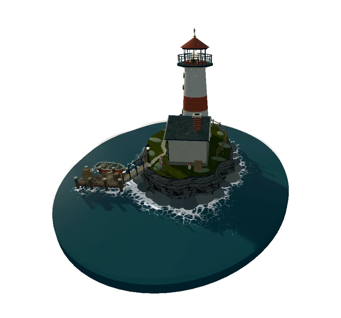 Quiet Harbour. A lighthouse on an island, water with foam.